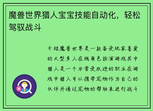 魔兽世界猎人宝宝技能自动化，轻松驾驭战斗