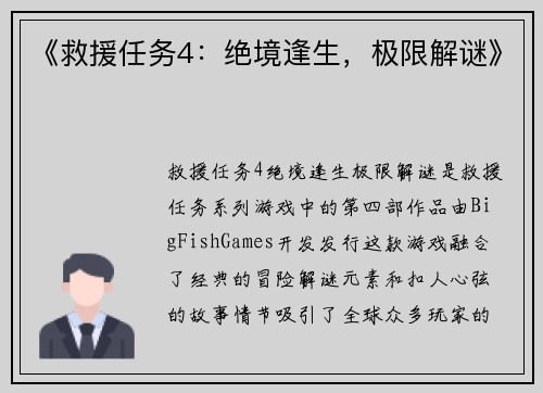 《救援任务4：绝境逢生，极限解谜》