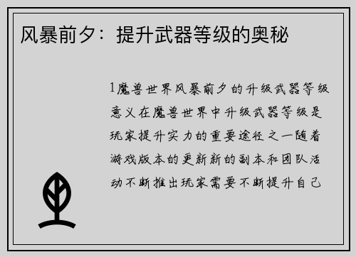 风暴前夕：提升武器等级的奥秘